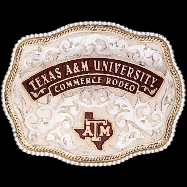 Crafted with precision, this silver-plated class belt buckle boasts intricate scrollwork, a silver-plated bead, and jeweler's bronze rope edge. Customize it!